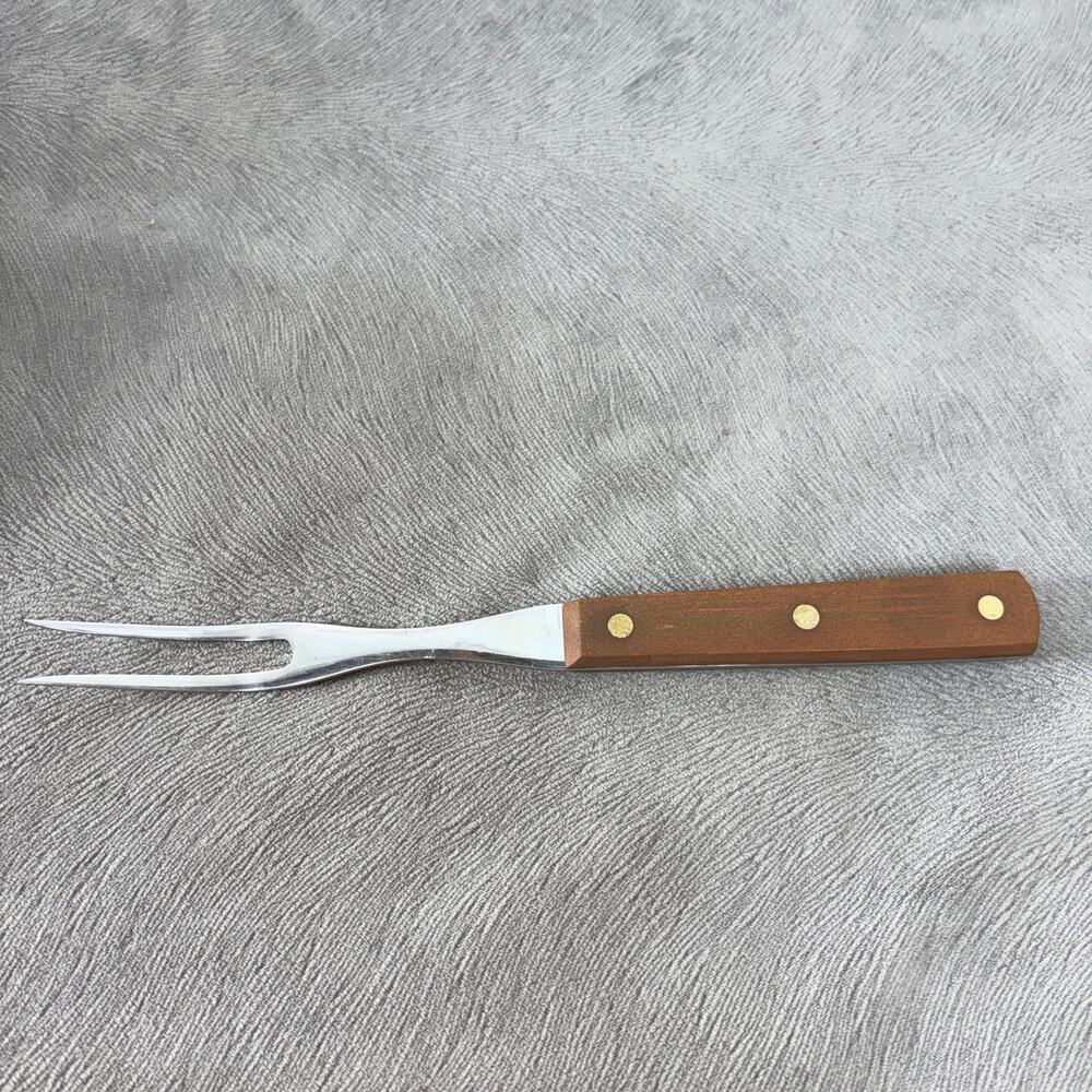 CUTCO No. 36 Stainless Steel Carving Fork Brown Wood Handle 2 Prong Full Tang